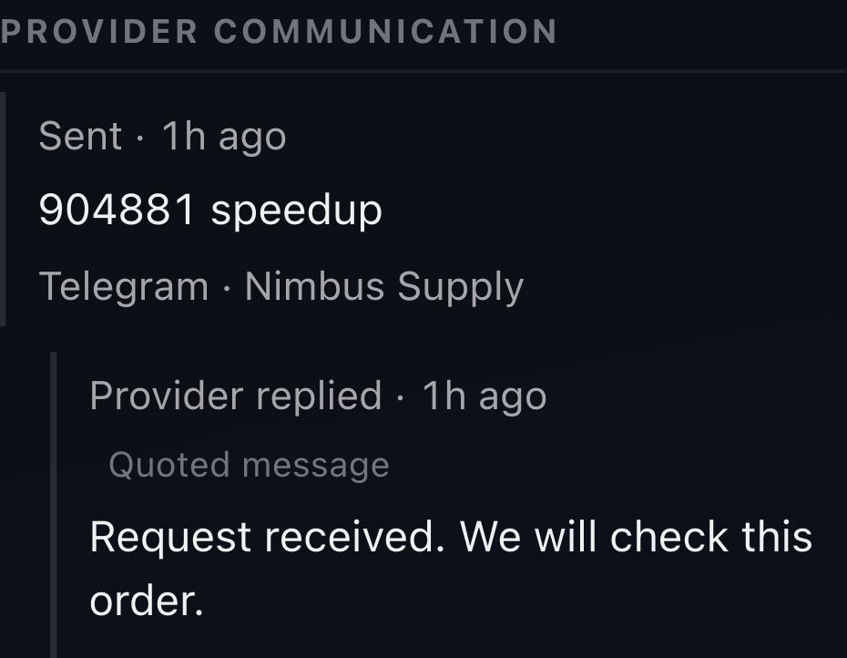 Actual Order Details in Case 2041 records the Telegram request to Nimbus Supply and its reply: Request received. We will check this order.